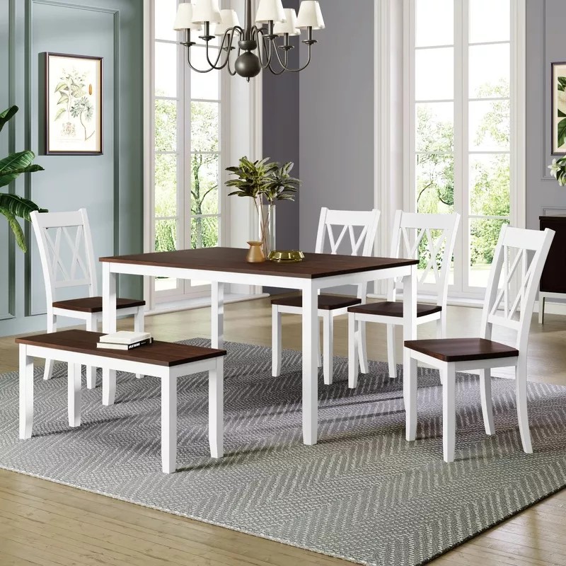 Harper & Bright Designs 6-Piece Dining Set with Bench, Farmhouse Rustic Kitchen Table Set with Wood Table, Bench and 4 Cross Back Dining Chairs, White+Cherry