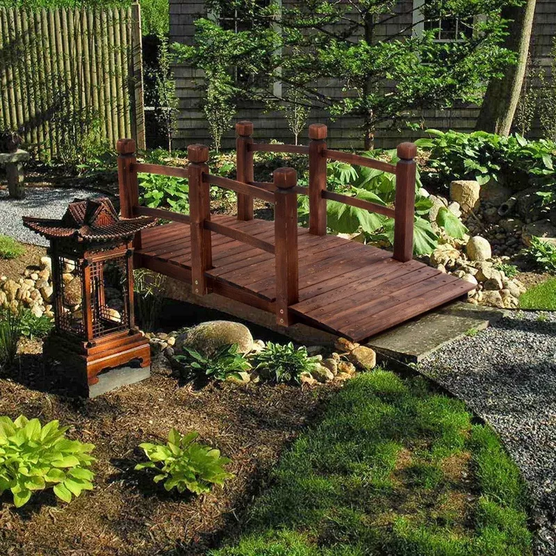 ZZZTWO Arch Garden Bridge, Anticorrosive Wooden Stained Finish Footbridge with Rails for Outside Length, Classic Decoration for Landscape, Backyard Creek Pond or Farm, Carbonization ColorBrown
